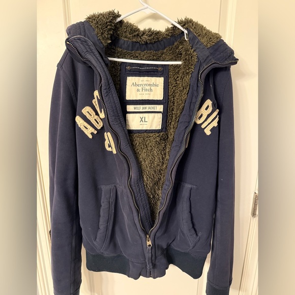 Vintage Abercrombie & Fitch 2000s Wolf Jaw Navy Faux Fur Lined Hooded Jacket XL - Picture 2 of 5